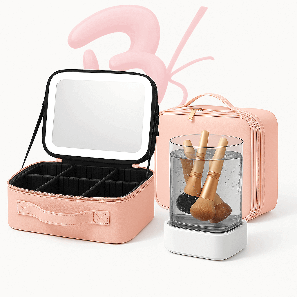 Pack Ahorro BeautyFashion | Estuche de Maquillaje con Espejo LED + Limpiador Ultrasónico Portátil